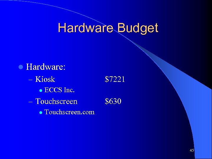 Hardware Budget l Hardware: – Kiosk l ECCS Inc. – Touchscreen l $7221 $630