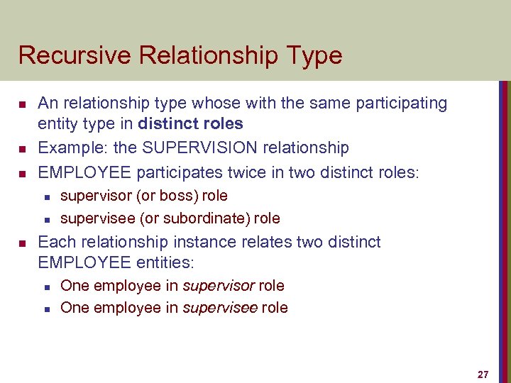 Recursive Relationship Type n n n An relationship type whose with the same participating