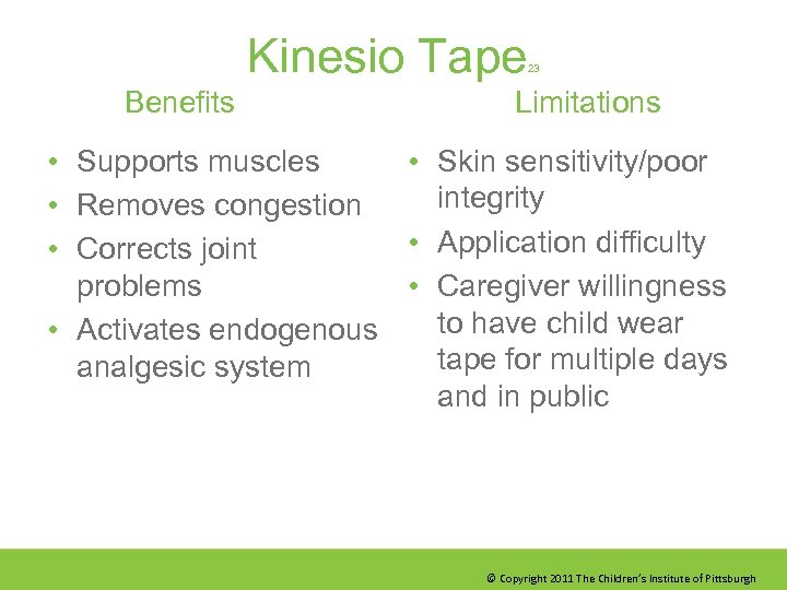 Kinesio Tape Benefits 23 Limitations • Supports muscles • Skin sensitivity/poor integrity • Removes