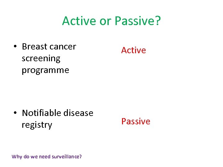 Active or Passive? • Breast cancer screening programme • Notifiable disease registry Why do