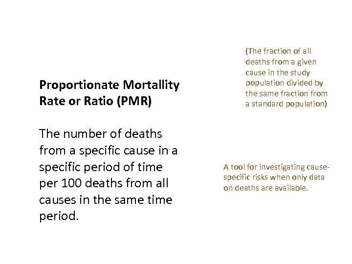 Proportionate Mortallity Rate or Ratio (PMR) The number of deaths from a specific cause