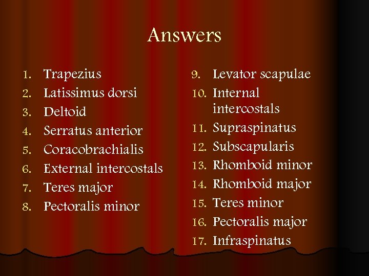 Answers 1. 2. 3. 4. 5. 6. 7. 8. Trapezius Latissimus dorsi Deltoid Serratus