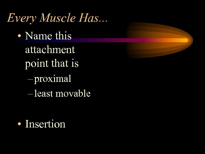 Every Muscle Has. . . • Name this attachment point that is – proximal