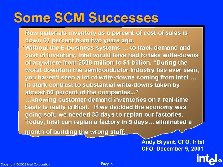 Some SCM Successes Raw materials inventory as a percent of cost of sales is