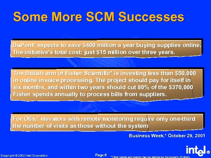 Some More SCM Successes Du. Pont* expects to save $400 million a year buying