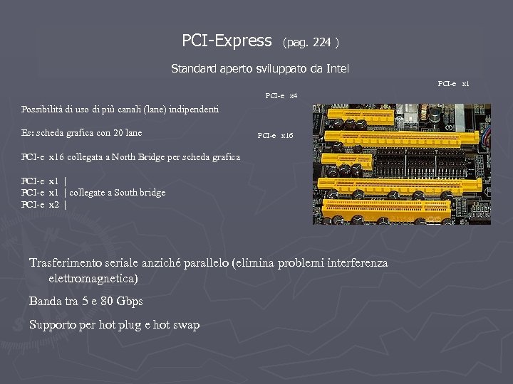 PCI-Express (pag. 224 ) Standard aperto sviluppato da Intel PCI-e x 1 PCI-e x