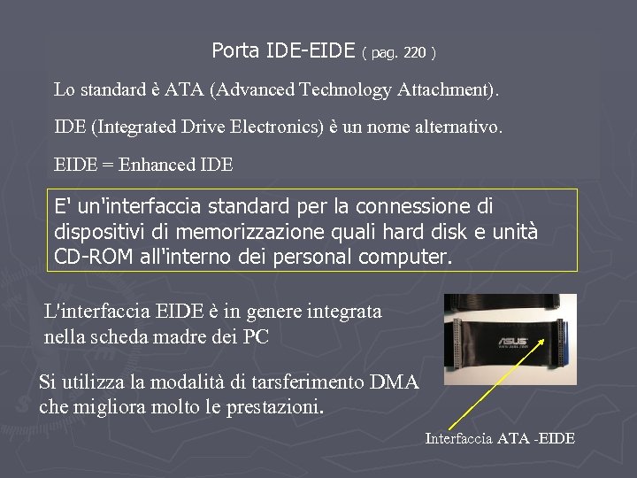 Porta IDE-EIDE ( pag. 220 ) Lo standard è ATA (Advanced Technology Attachment). IDE