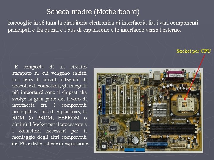 Scheda madre (Motherboard) Raccoglie in sé tutta la circuiteria elettronica di interfaccia fra i