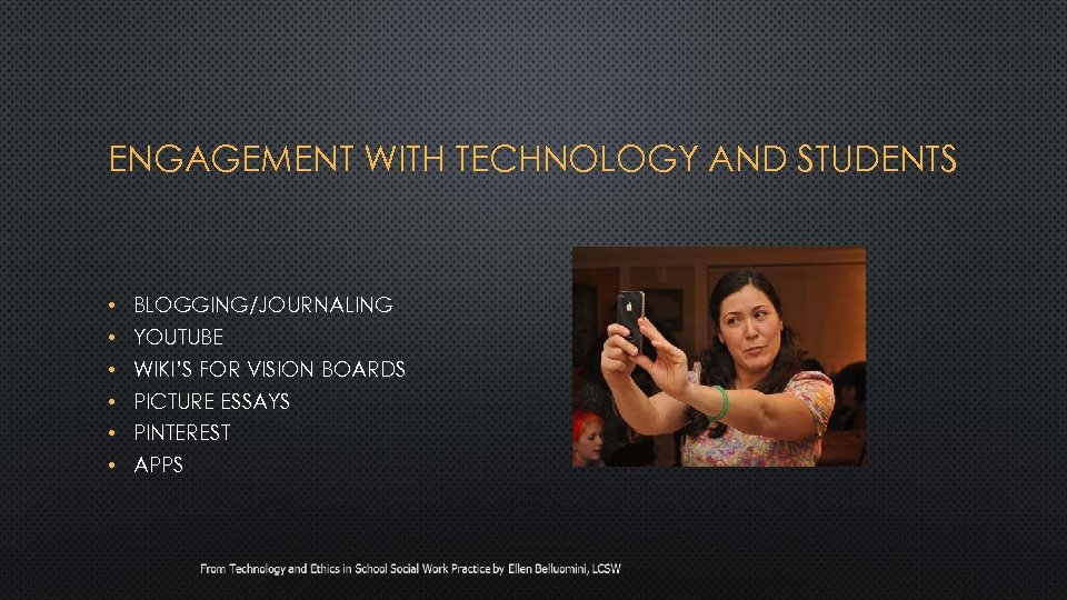 ENGAGEMENT WITH TECHNOLOGY AND STUDENTS • • • BLOGGING/JOURNALING YOUTUBE WIKI’S FOR VISION BOARDS