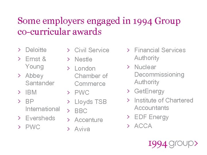 Some employers engaged in 1994 Group co-curricular awards Deloitte Ernst & Young Abbey Santander