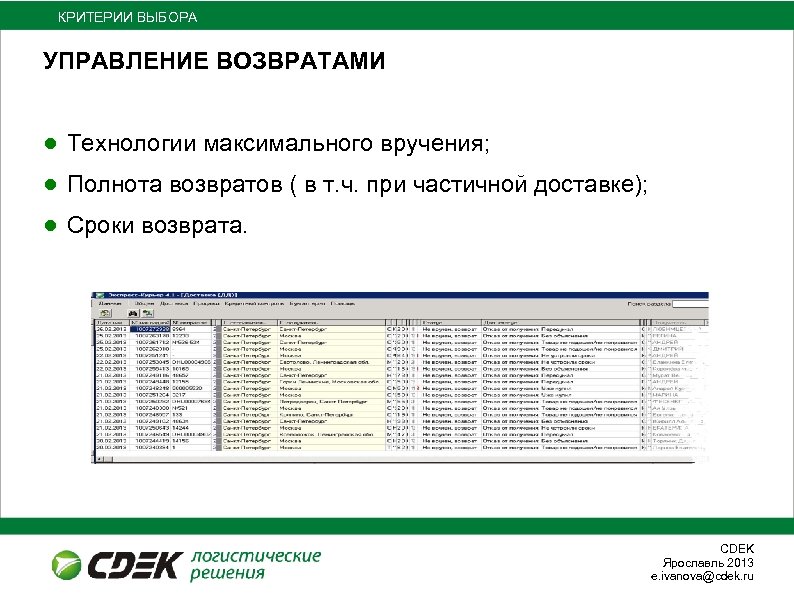 КРИТЕРИИ ВЫБОРА УПРАВЛЕНИЕ ВОЗВРАТАМИ ● Технологии максимального вручения; ● Полнота возвратов ( в т.