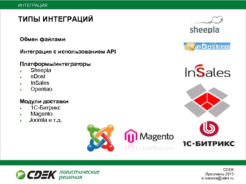 ИНТЕГРАЦИЯ ТИПЫ ИНТЕГРАЦИЙ Обмен файлами Интеграция с использованием API Платформы/интеграторы ● Sheepla ● e.