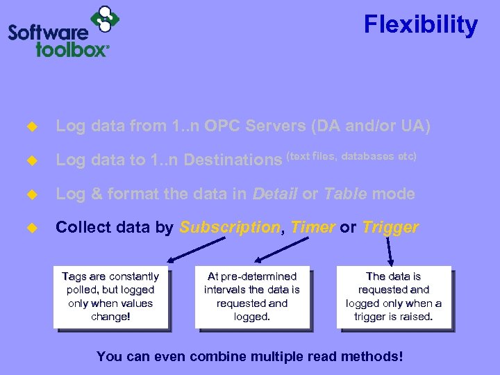 Flexibility u Log data from 1. . n OPC Servers (DA and/or UA) u