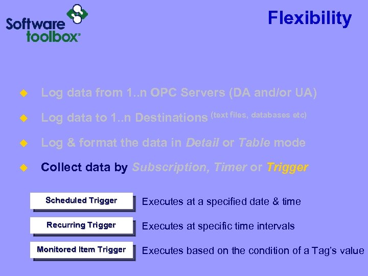 Flexibility u Log data from 1. . n OPC Servers (DA and/or UA) u