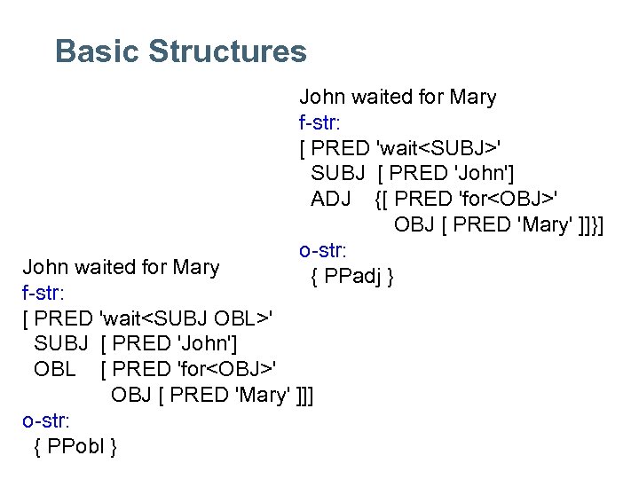 Basic Structures John waited for Mary f-str: [ PRED 'wait<SUBJ>' SUBJ [ PRED 'John']