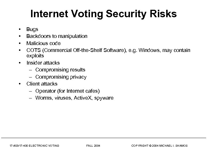 Internet Voting Security Risks • • • Bugs Backdoors to manipulation Malicious code COTS