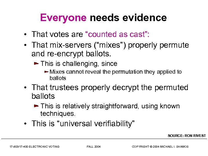 Everyone needs evidence • That votes are “counted as cast”: • That mix-servers (“mixes”)