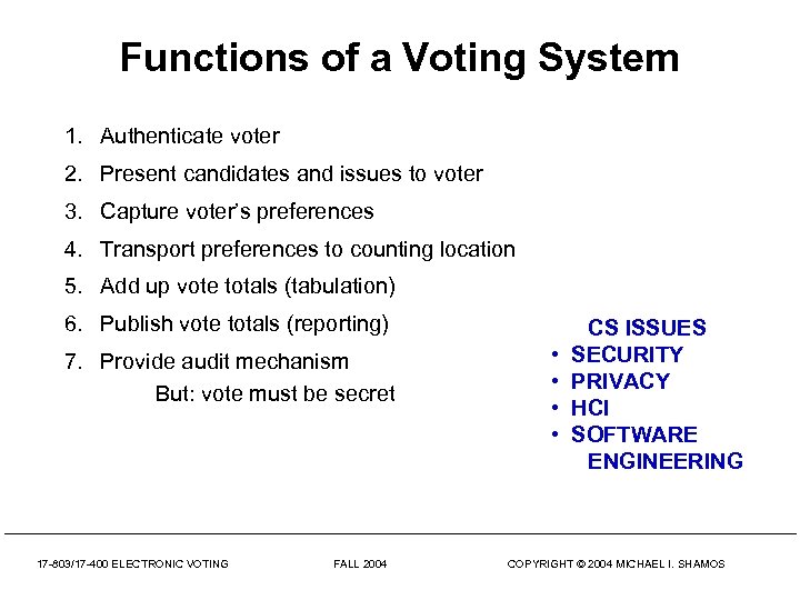 Functions of a Voting System 1. Authenticate voter 2. Present candidates and issues to