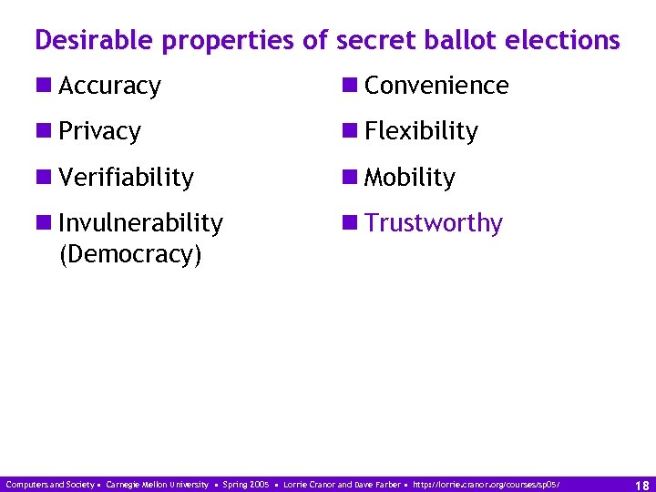 Desirable properties of secret ballot elections n Accuracy n Convenience n Privacy n Flexibility