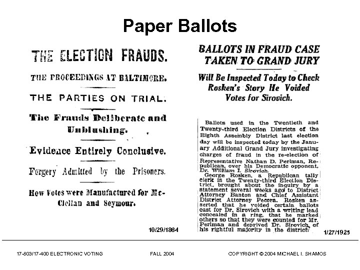 Paper Ballots 10/29/1864 1/27/1925 17 -803/17 -400 ELECTRONIC VOTING FALL 2004 COPYRIGHT © 2004