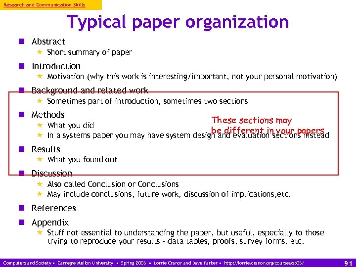 Research and Communication Skills Typical paper organization n Abstract « Short summary of paper
