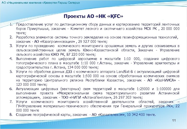 АО «Национальная компания «Қазақстан Ғарыш Сапары» Проекты АО «НК «ҚҒС» 1. Предоставление услуг по