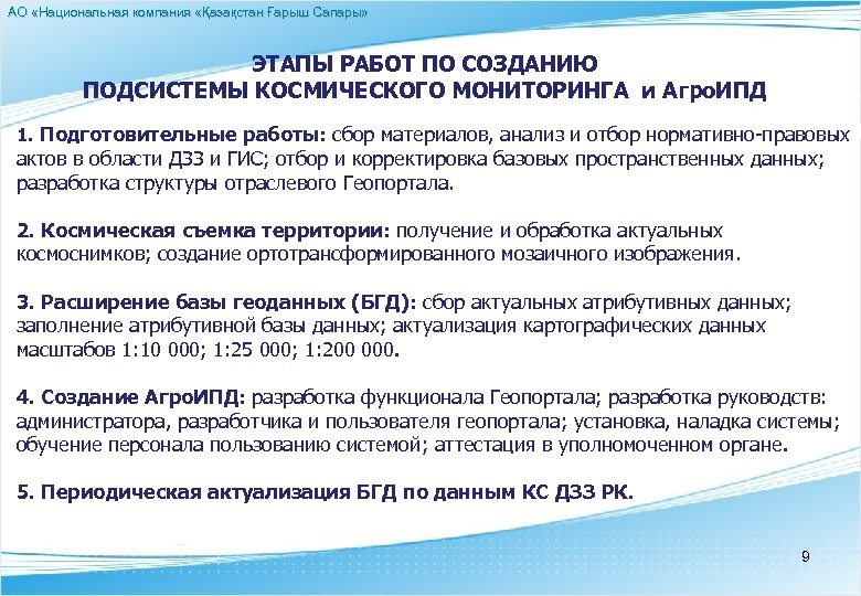 АО «Национальная компания «Қазақстан Ғарыш Сапары» ЭТАПЫ РАБОТ ПО СОЗДАНИЮ ПОДСИСТЕМЫ КОСМИЧЕСКОГО МОНИТОРИНГА и
