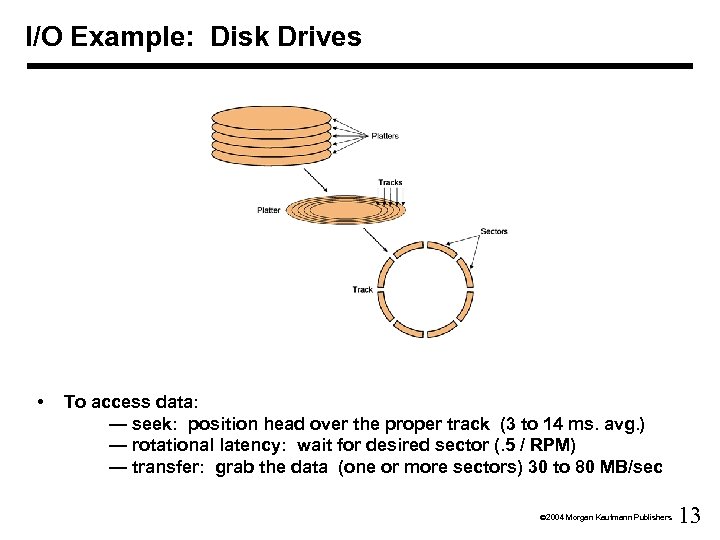 I/O Example: Disk Drives • To access data: — seek: position head over the