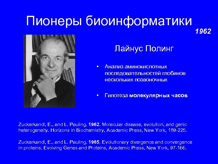 Пионеры биоинформатики Лайнус Полинг • Анализ аминокислотных последовательностей глобинов нескольких позвоночных • Гипотеза молекулярных