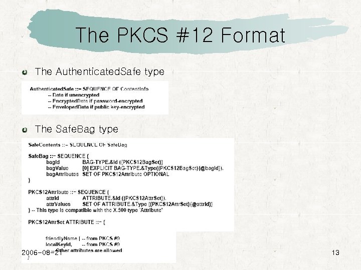 The PKCS #12 Format The Authenticated. Safe type The Safe. Bag type 2006 -08