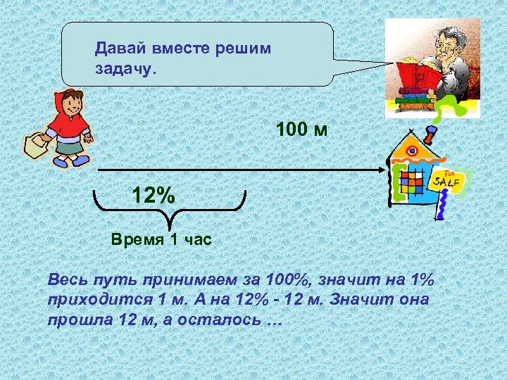 Давай вместе решим задачу. 100 м 12% Время 1 час Весь путь принимаем за