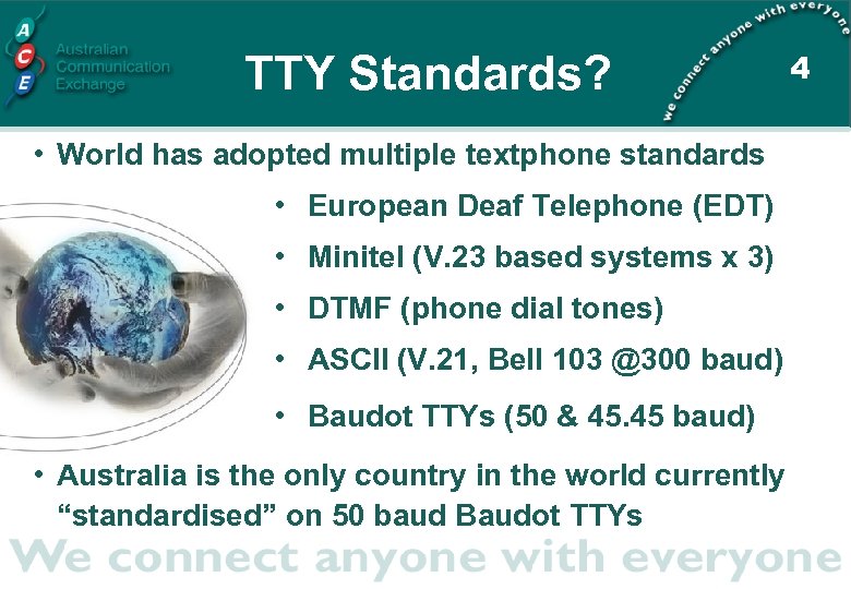 TTY Standards? • World has adopted multiple textphone standards • European Deaf Telephone (EDT)