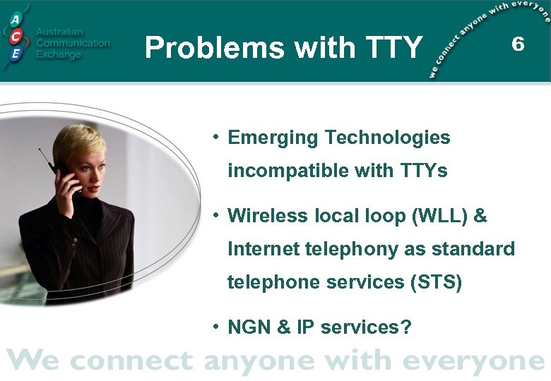 Problems with TTY 6 • Emerging Technologies incompatible with TTYs • Wireless local loop