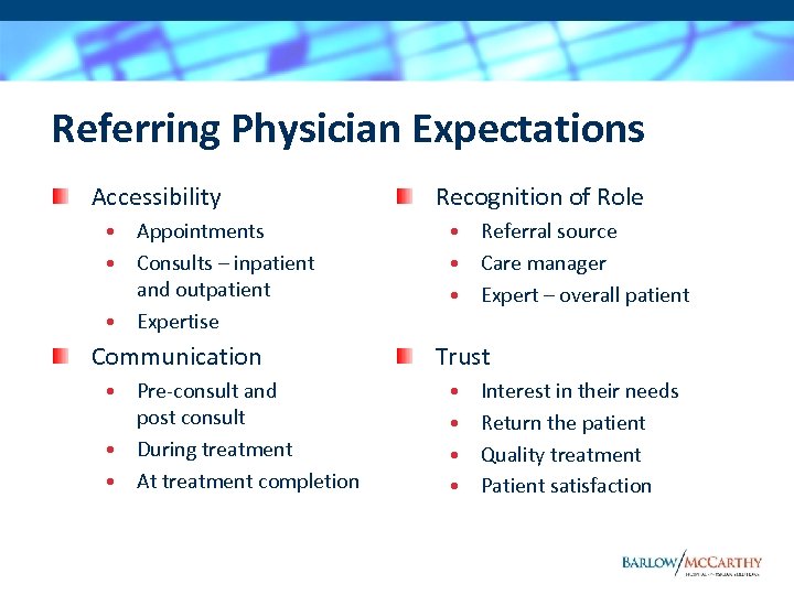 Referring Physician Expectations Accessibility • Appointments • Consults – inpatient and outpatient • Expertise