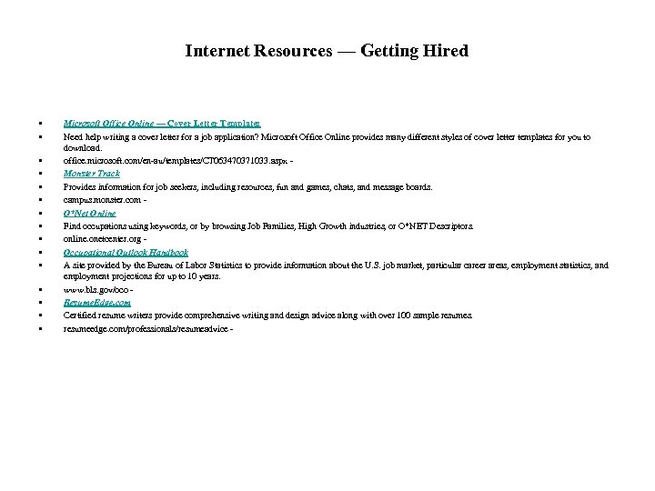 Internet Resources — Getting Hired • • • • Microsoft Office Online — Cover