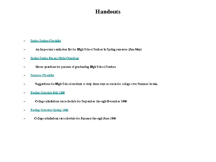 Handouts – Senior Spring Checklist – An important reminders list for High School Seniors