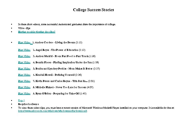 College Success Stories • • • In these short videos, some successful students and