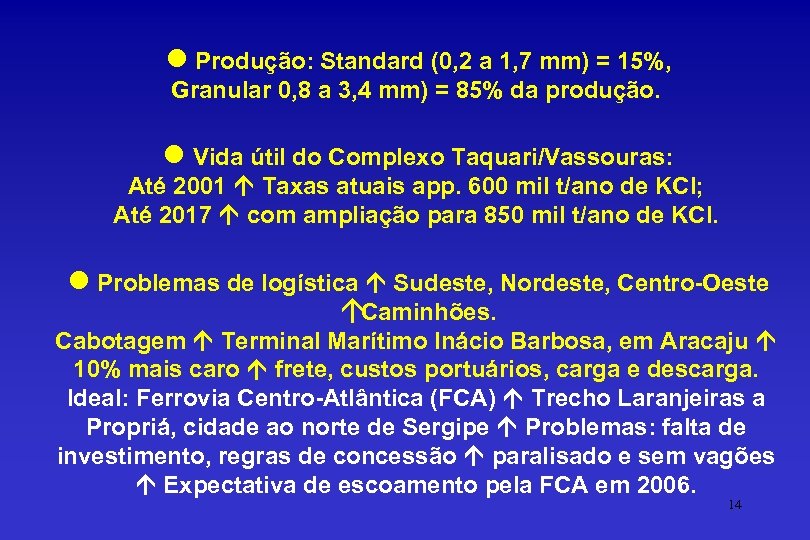 l Produção: Standard (0, 2 a 1, 7 mm) = 15%, Granular 0, 8