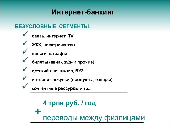 Интернет-банкинг БЕЗУСЛОВНЫЕ СЕГМЕНТЫ: ü ü ü ü связь, интернет, TV ЖКХ, электричество налоги, штрафы