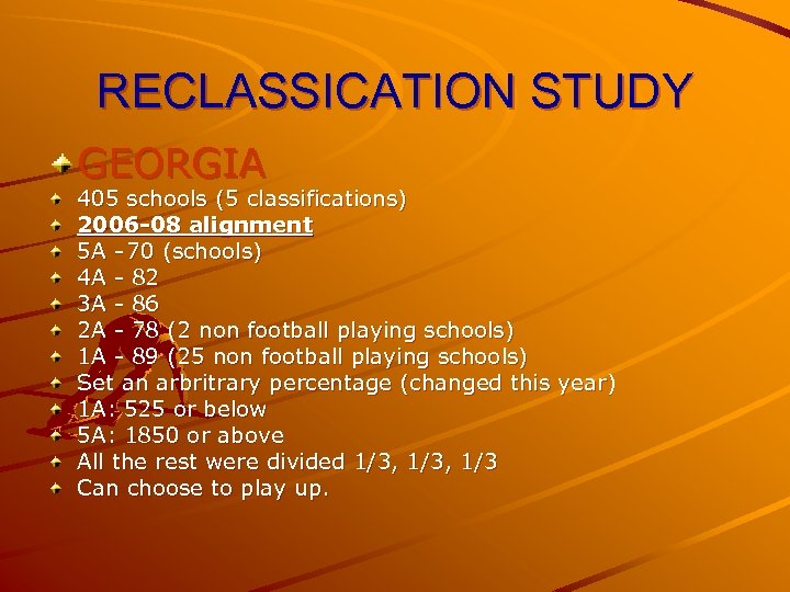 RECLASSICATION STUDY GEORGIA 405 schools (5 classifications) 2006 -08 alignment 5 A 70 (schools)