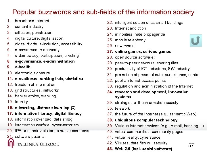 Popular buzzwords and sub-fields of the information society 1. 2. 3. 4. 5. 6.
