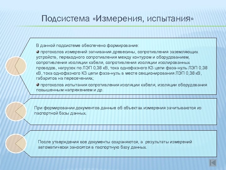 Подсистема «Измерения, испытания» В данной подсистеме обеспечено формирование: протоколов измерений загнивания древесины, сопротивления заземляющих