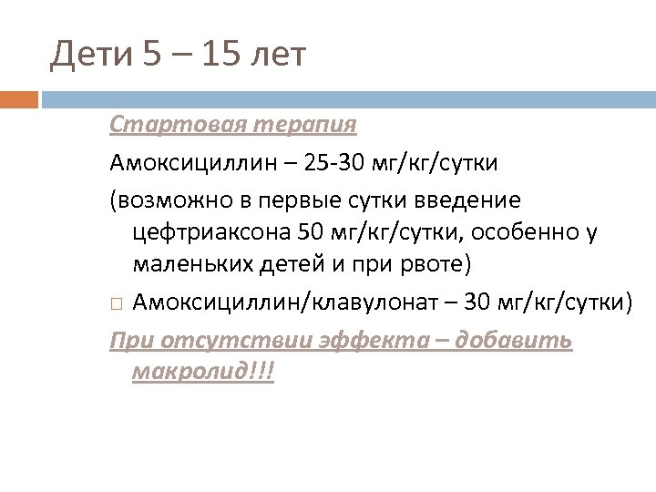 Дети 5 – 15 лет Стартовая терапия Амоксициллин – 25 -30 мг/кг/сутки (возможно в