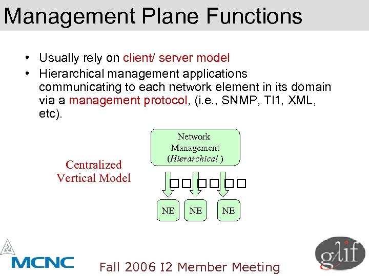 Management Plane Functions • Usually rely on client/ server model • Hierarchical management applications
