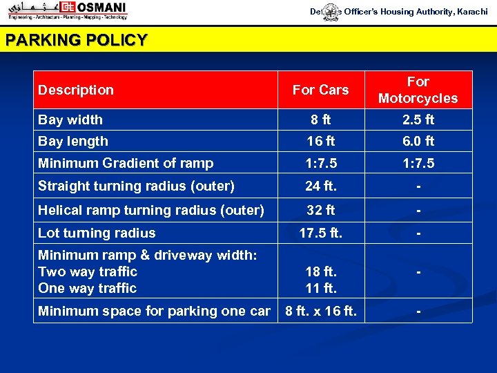 Defence Officer’s Housing Authority, Karachi PARKING POLICY For Cars For Motorcycles Bay width 8