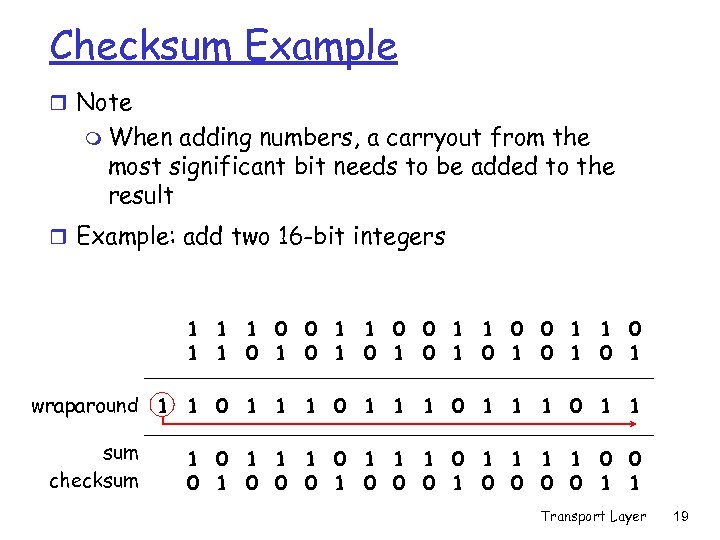 Checksum Example r Note m When adding numbers, a carryout from the most significant