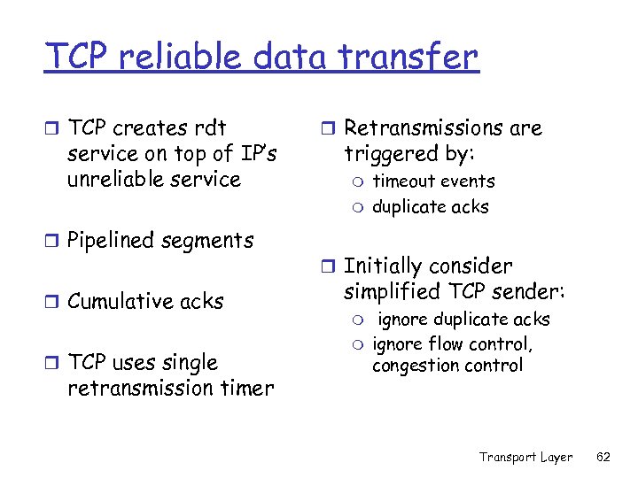 TCP reliable data transfer r TCP creates rdt service on top of IP’s unreliable