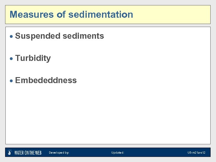 Measures of sedimentation · Suspended sediments · Turbidity · Embededdness Developed by: Updated: U