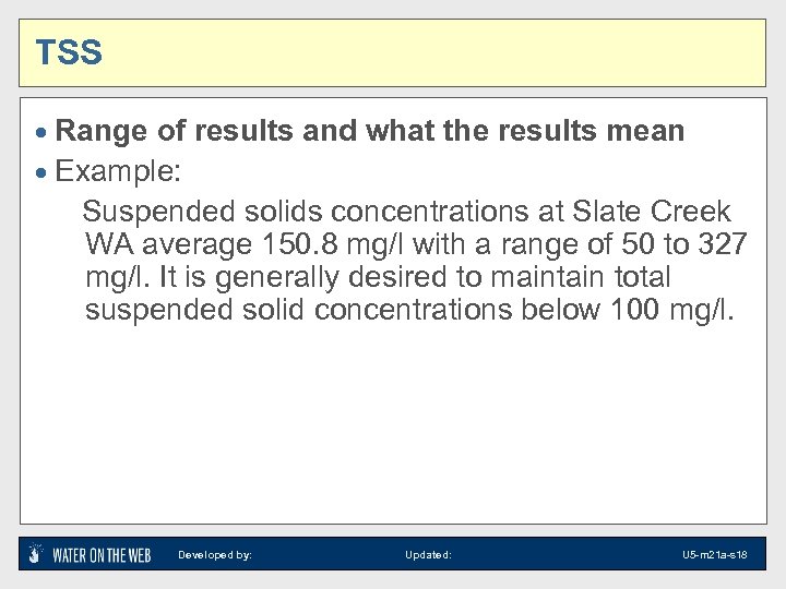 TSS · Range of results and what the results mean · Example: Suspended solids