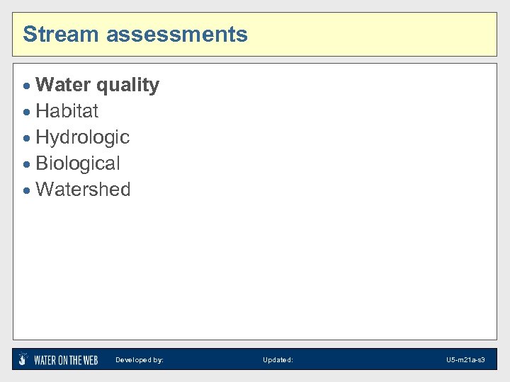 Stream assessments · Water quality · Habitat · Hydrologic · Biological · Watershed Developed